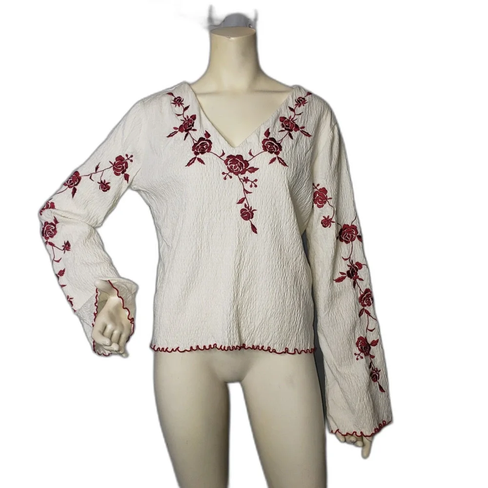 MODA INTERNATIONAL Long Sleeve Boho Enbroirdered Peasant Blouse Size Large - Picture 5 of 6